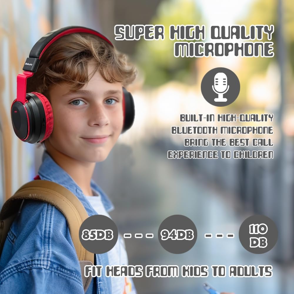 Mokata Kids Headphones Bluetooth 5.3 Wireless Lightweight Fast Charging 68 Hours Play Time Volume Limited 85/94dB Over Ear Foldable with Built-in Mic for Toddler Boy Girl Tablet Pad Black