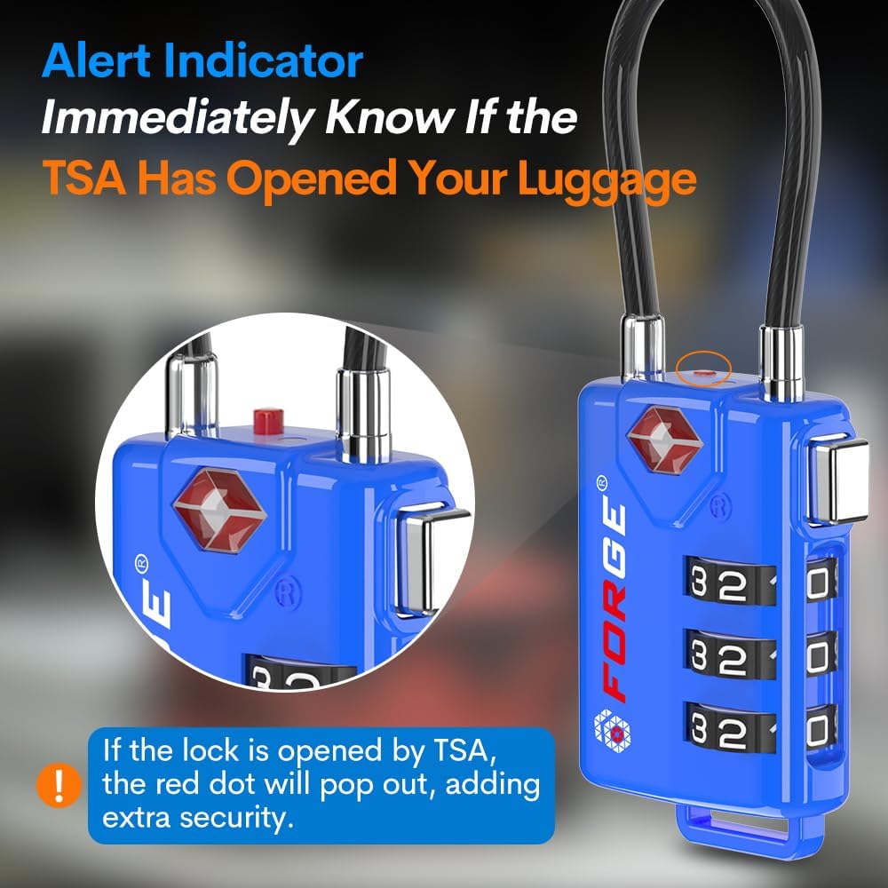 Bright Colors, TSA Approved Cable Luggage Locks 2 Pack Blue, Re-settable Combination with Alloy Body