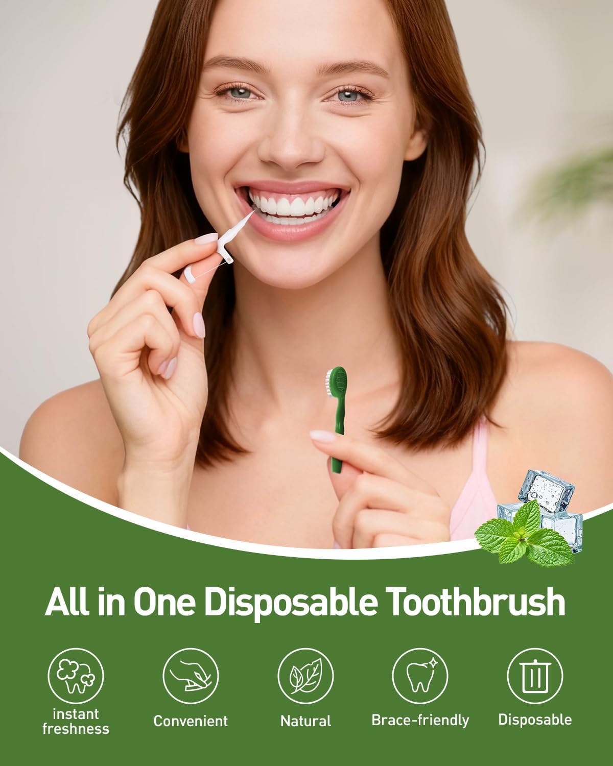 Disposable Mini Travel Toothbrush Bulk with Toothpaste 5in1 60Ct Portable Toothbrushes Set Floss Pick Tongue Scraper Cruise and Travel Essentials (Green)