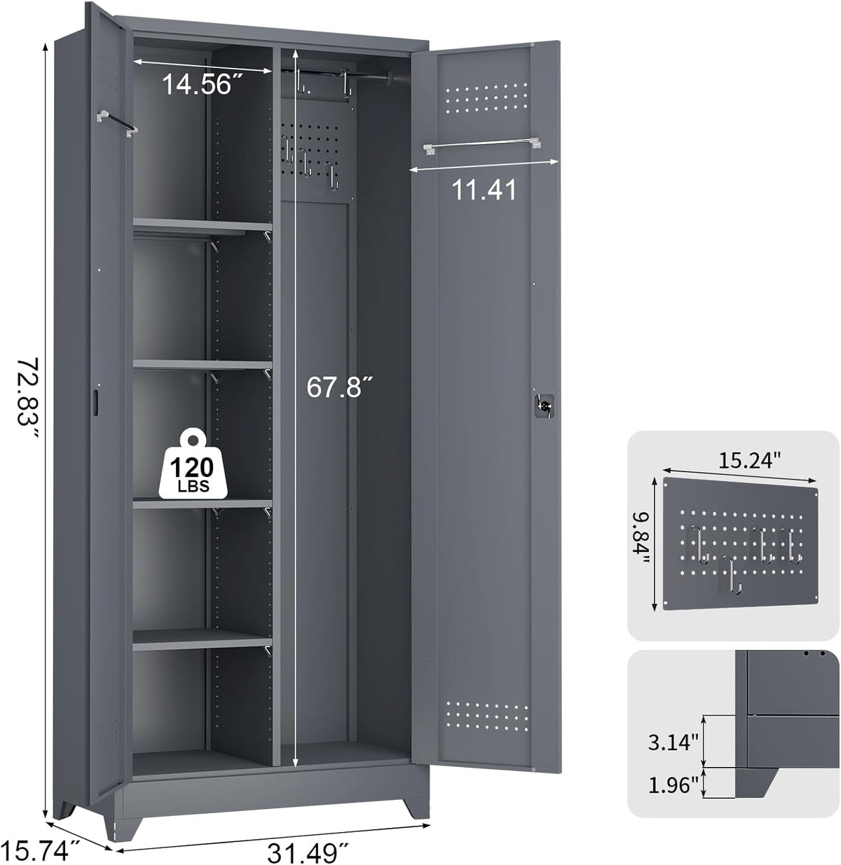 LUCYPAL Metal Storage Cabinet with Locking Doors,72.8" H Broom Closet Storage Cabinet with Shelves and Haging Rods,Garage Storage Cabinets for Kitchen,Utility Room,Grey