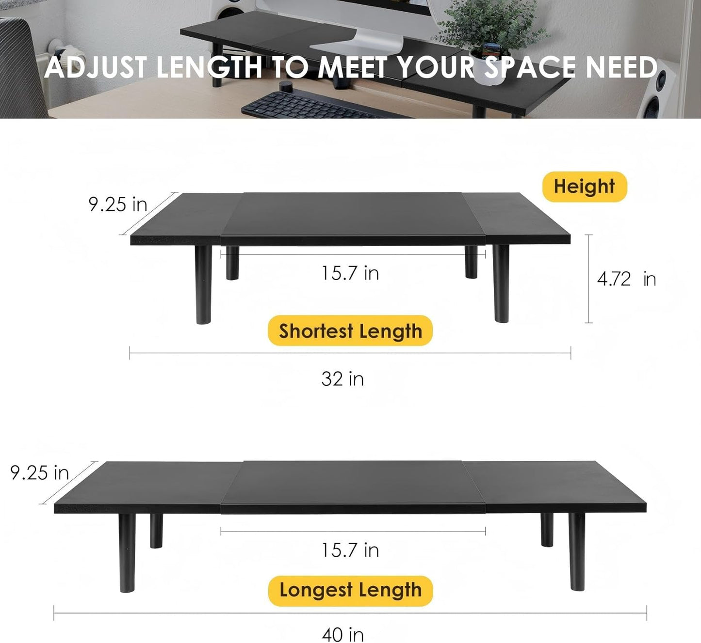 Across-Star Dual-Monitor-Stand-Riser-For-Desk Adjustable Length 32-40 Inch，Large Desktop Computer Monitor Riser For 2 Screens，Desk Shelf Organizer Riser Stand For Computer/Laptop/PC/Printer/TV Black