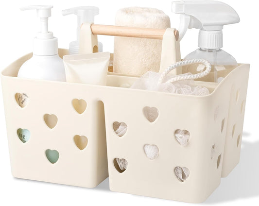 Anyoifax Portable Shower Caddy Plastic Shower Basket Organizer Divided Bathroom Caddy Storage Cleanning Caddy Tote with Handle for College, Dorm Room, Kitchen, Beige