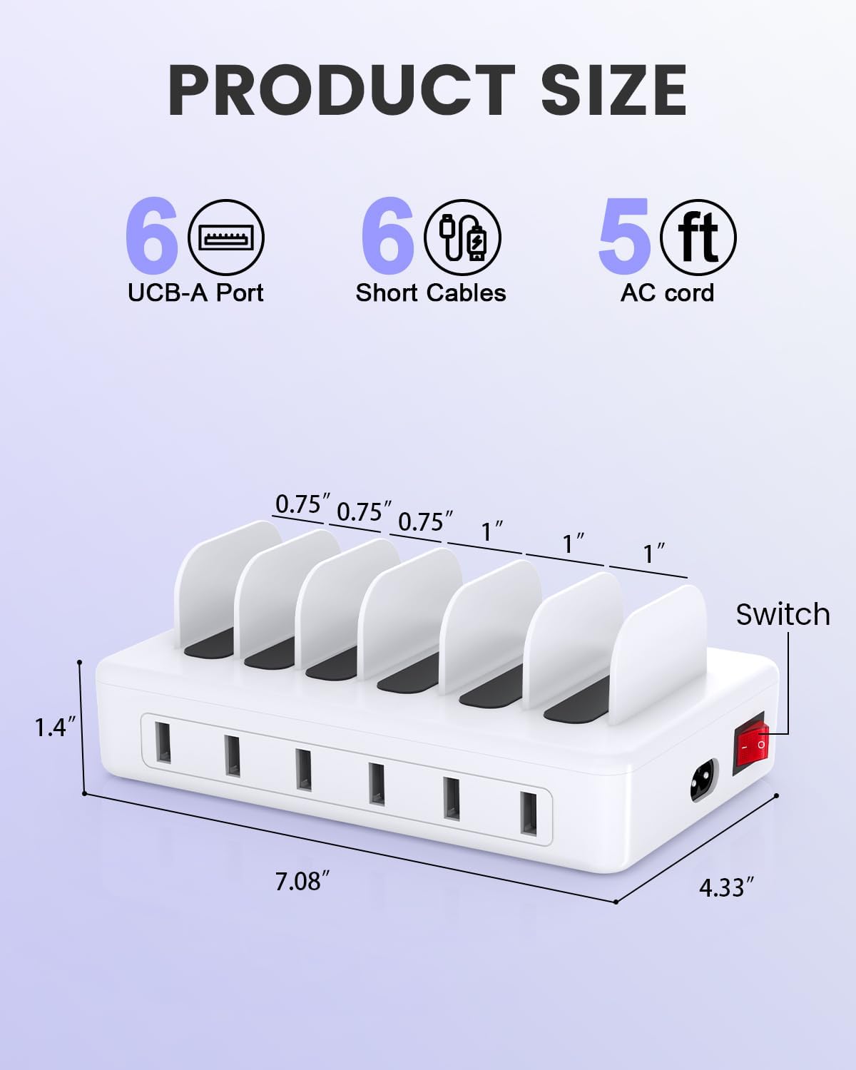 50W Charging Station for Multiple Devices, 6 Port Multi USB Charger Station | with 6 Cables,1 USB-A to USB-C Adapter Converter, Compatible with iPhone,iPad Kindle Tablet and Other Electronic（White)