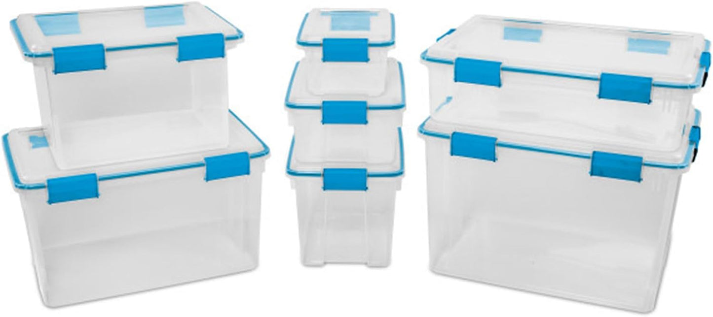 Sterilite Gasket Storage Box with Lids for Home & Office, 20 Quart, 6-Pack. | Heavy-Duty, Stackable, and Organizing Containers for Bathroom, Cabinet, Closet, and Garage, Clear and Blue Aquarium Latches