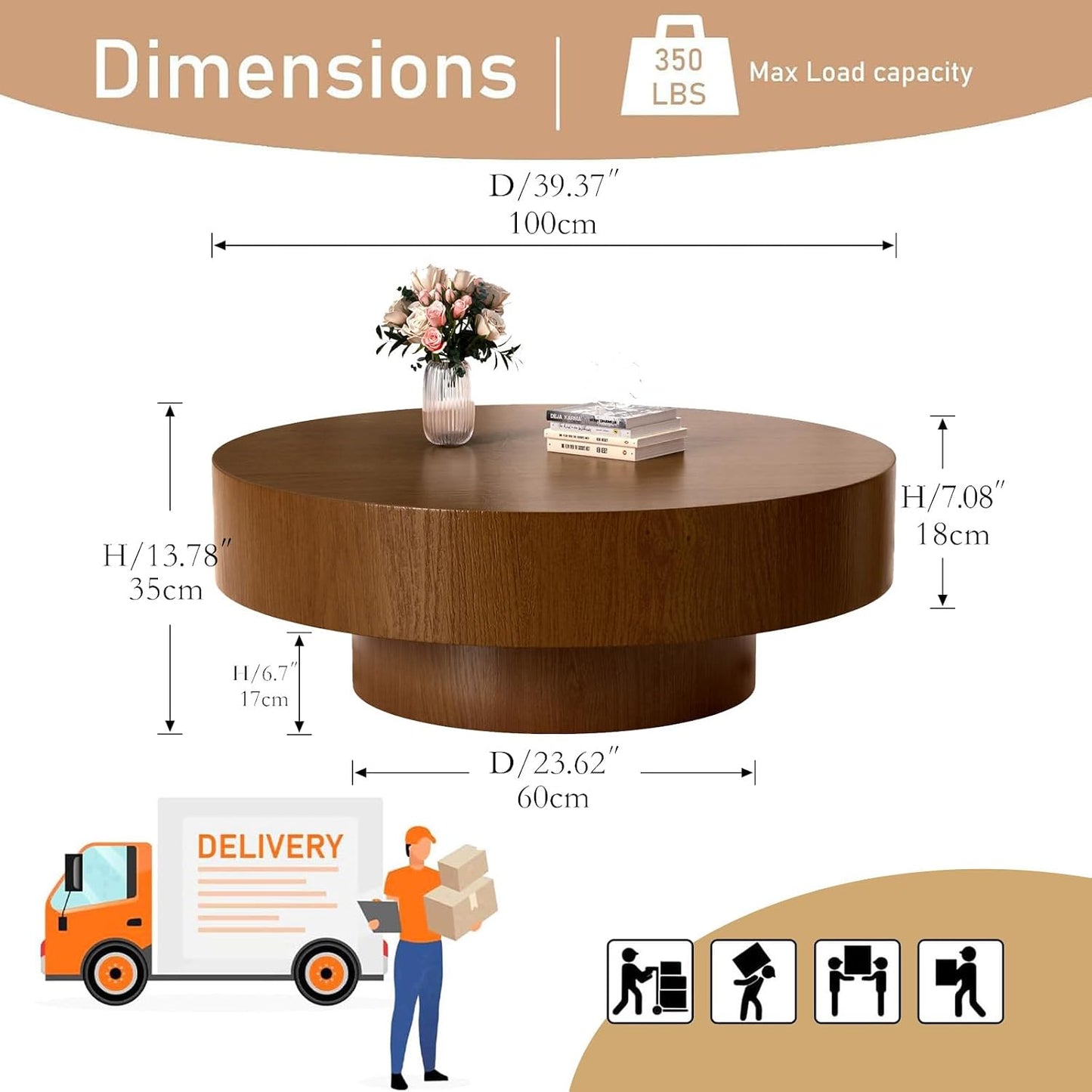 Modern Drum Round Coffee Table Wood for Living Room (D39.37IN) | Mid Century Aesthetic Low Coffee Tables with Wood Pattern Decal and Sturdy Pedestal, for Apartment Small Space