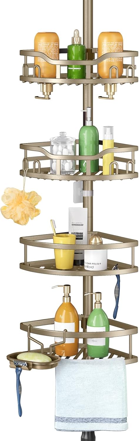 HAMITOR Corner Shower Caddy Tension Pole: Rustproof 4-Tier Bathroom Organizer Shelves for Bathtub Shampoo Storage - 47-121 Inch Quick Install Adjustable Rod Standing Rack with Soap Rack -Tan Khaki