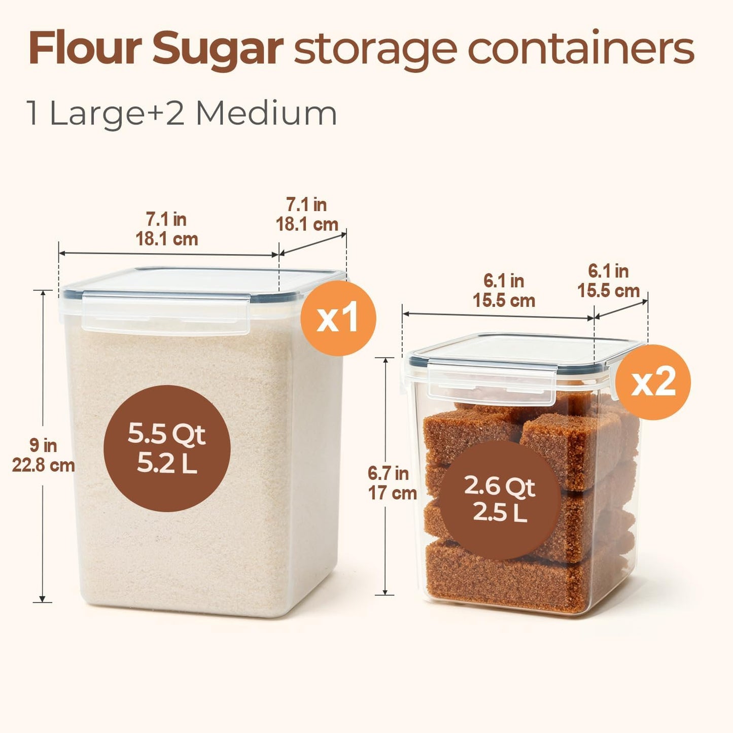 3 PCS Airtight Flour and Sugar Container for Pantry - 5lb Flour Capacity - 7.1 Inch Extra Wide Mouth Square Pantry Storage - Set of 3 (5.2L/5.5Qt) (2.5L/2.6Qt*2) - Stackable Baking Supplies Organizer
