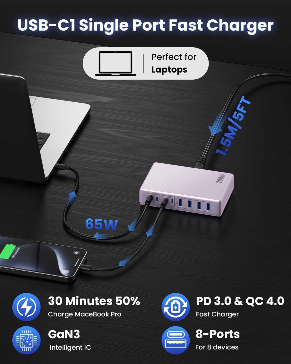 USB C Charger 200W USB C Charger Block,Upgraded GaN III 8-Port Fast Charging Station Hub,PD 65W Laptop Charging Adapter Compatible with MacBook Pro/Air,DELL,Steam Deck,iPhone 16/15/14,Galaxy S23/22