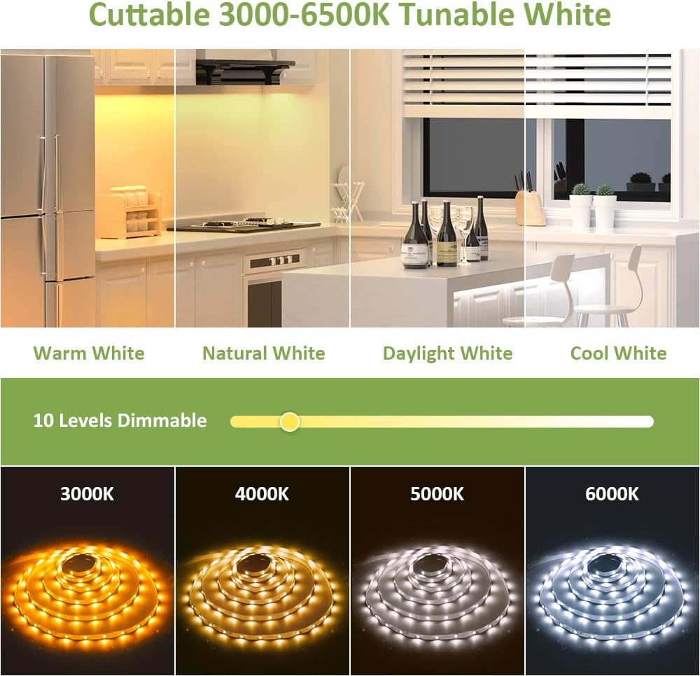 NOVOSTELLA 20ft Tunable White LED Strip Light kit Dimmable 3000K-6500K 24V LED Tape Light with Remote Flexible Rope LED Ribbon for Bedroom Home Lighting Mirror Kitchen Bar Cabinet Daylight Warm White