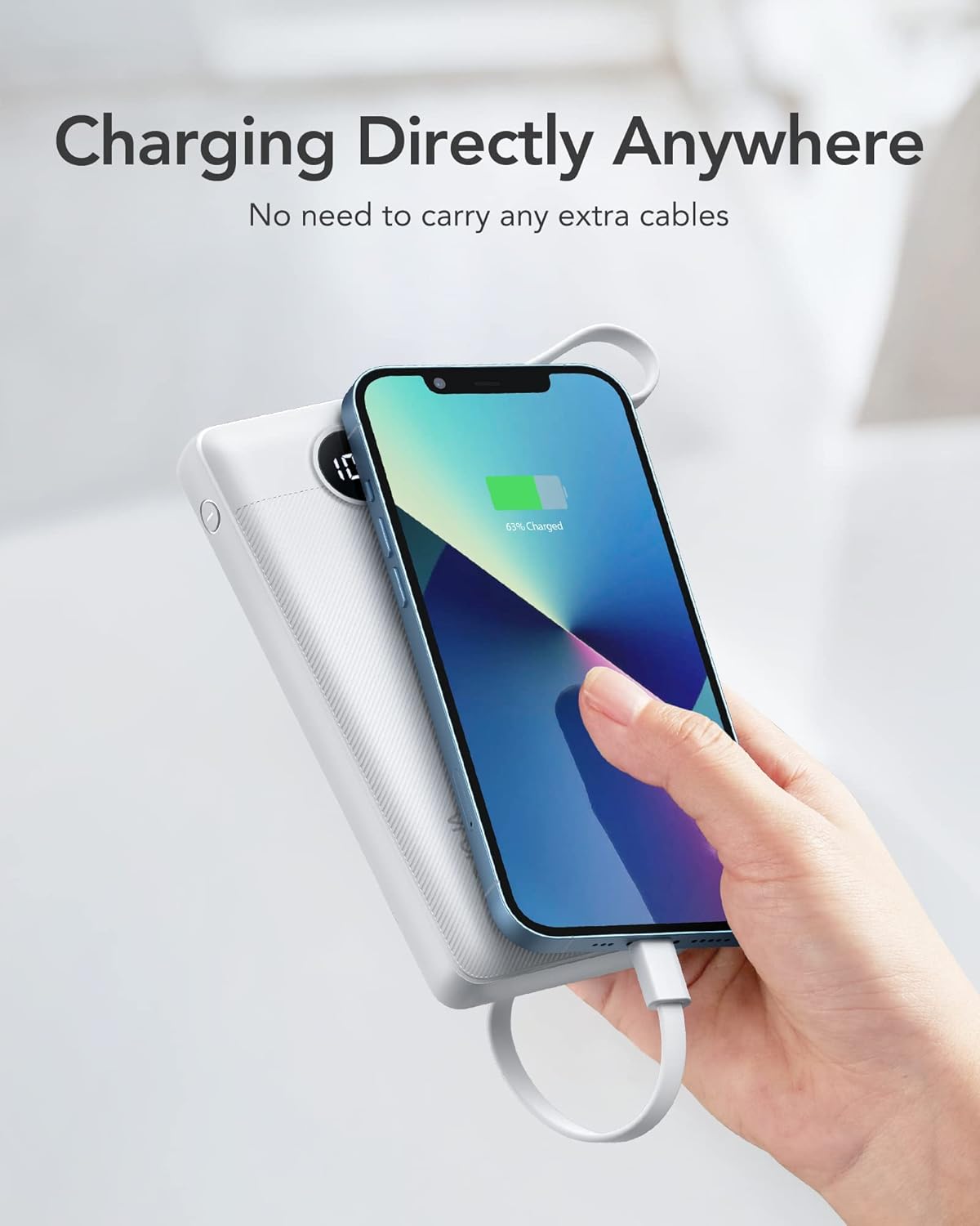 VRURC Portable Charger Built in Cables, Slim Power Bank 10000mAh, Multi Devices Charging Bank with Lanyard, USB C Battery Pack 5 Outputs for for All Cell Phones Devices, Samsung,Android-White(1 Pack)