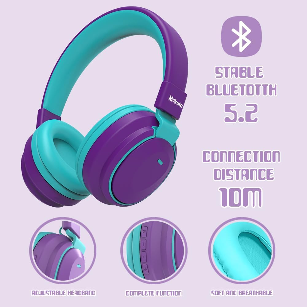 Mokata Kids Headphones Bluetooth 5.3 Wireless Lightweight Fast Charging 68 Hours Play Time Volume Limited 85/94dB Over Ear Foldable with Built-in Mic for Toddler Boy Girl Tablet Pad Purple