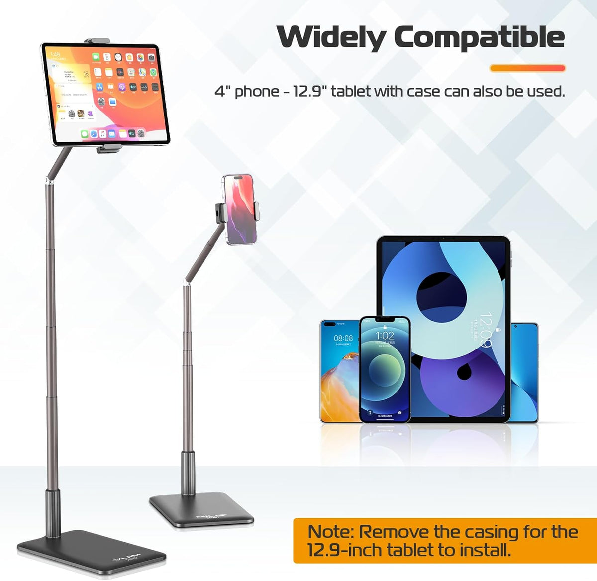 VIJIM Tablet Floor Stand Holder, Phone Stand for Recording, Adjustable Cell Phone & Tablet Holder for Floor, Compatible with iPad Pro Air Mini, Galaxy Tab, iPhone & 4.6-12.9 Inch Devices