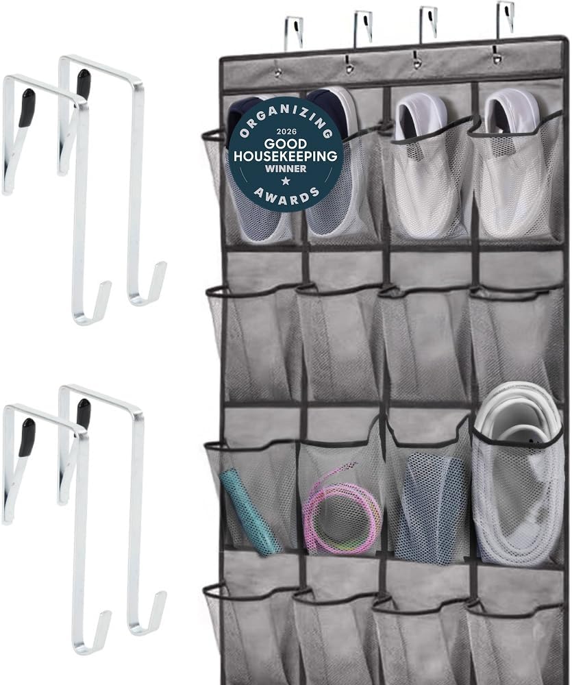 GORILLA GRIP Over the Door Shoe Organizer, 24 Large Breathable Mesh Pockets, Space Saving Hanging Storage Holder, Closet Rack Hanger Holds Up to 40 lbs, Hangs on Closets for Shoes, Accessories, Grey