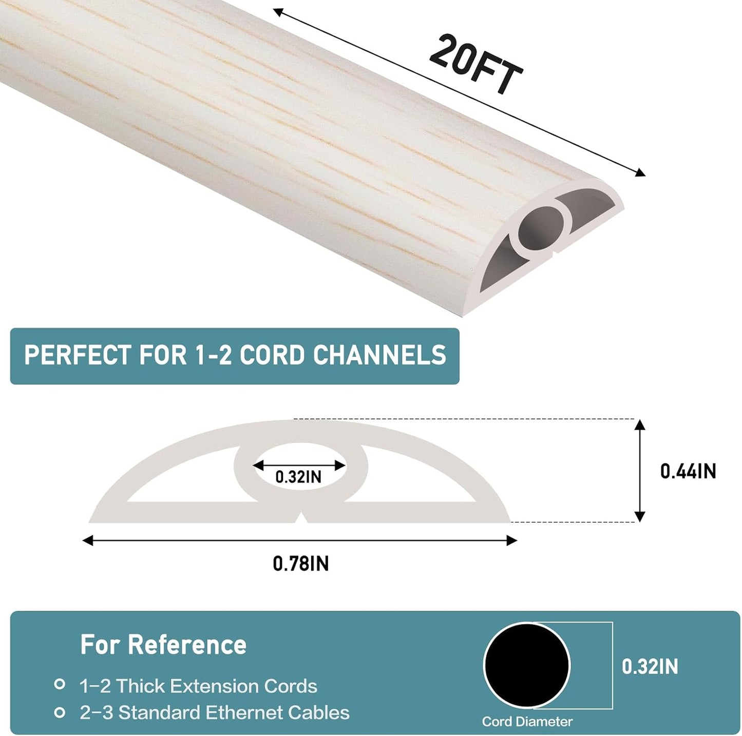 LSGCQ Floor Cord Cover Self Adhesive Cord Hider Floor Cable Management | Cord Covers for Wires on Floor Cable Cover, Prevent Cable Trips, Cable Cavity 0.32" W x 0.32" H, 20Ft, Beige Wood