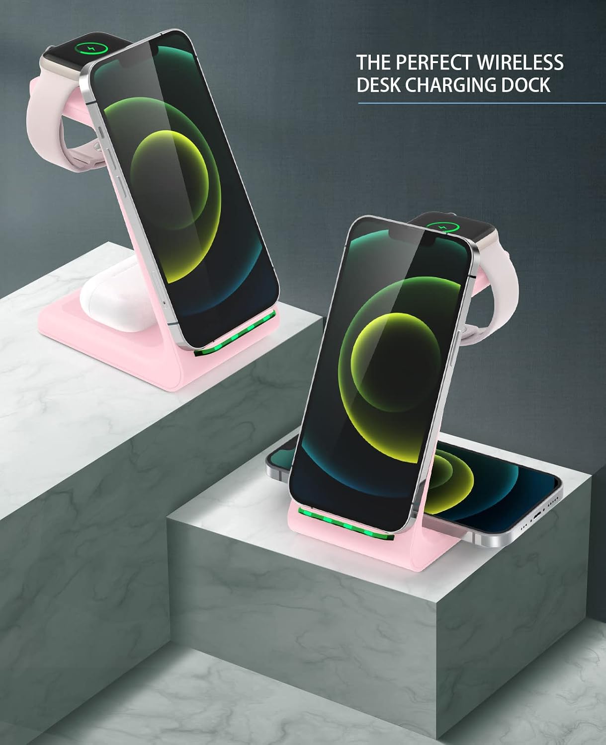 3 in 1 Wireless Charging Station, 2026 Upgraded Fast Desk Charger Station for iPhone 17 16 15 14 13 12 Pro Max Plus, Charger Stand for Apple Watch 10 9 8 7 6 5 4 3 2 SE, Airpods 4 3 2 Pro(Pink)