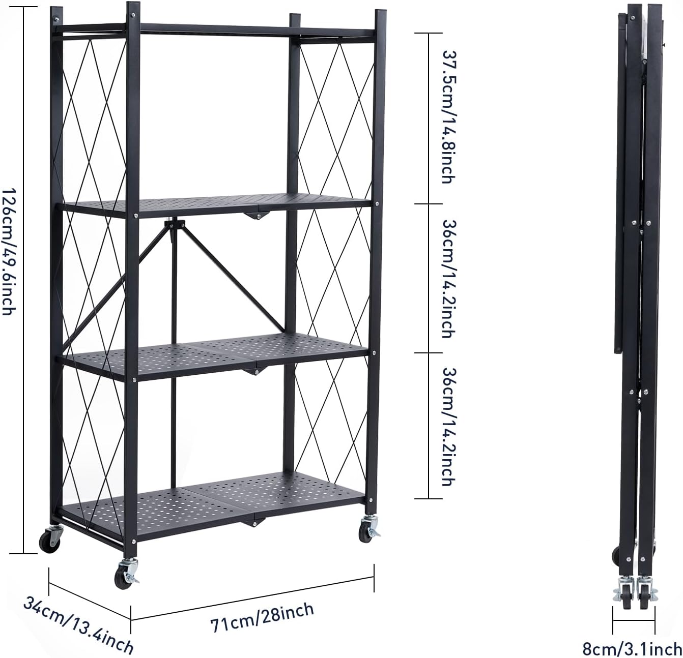 BRIAN & DANY 4-Tier Foldable Storage Shelves with Wheels, Folding Metal Rack Shelving Unit, Heavy Duty No Assembly Organizer Shelf for Garage, Kitchen, Basement, Pantry, Black