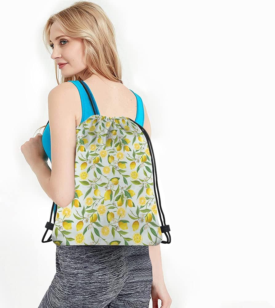 Lemon Drawstring Bags Summer Lemon Fruits Tree Branches Leaves White Little Flower Yellow Green Sport Gym Sack Drawstring Backpack for Men Women