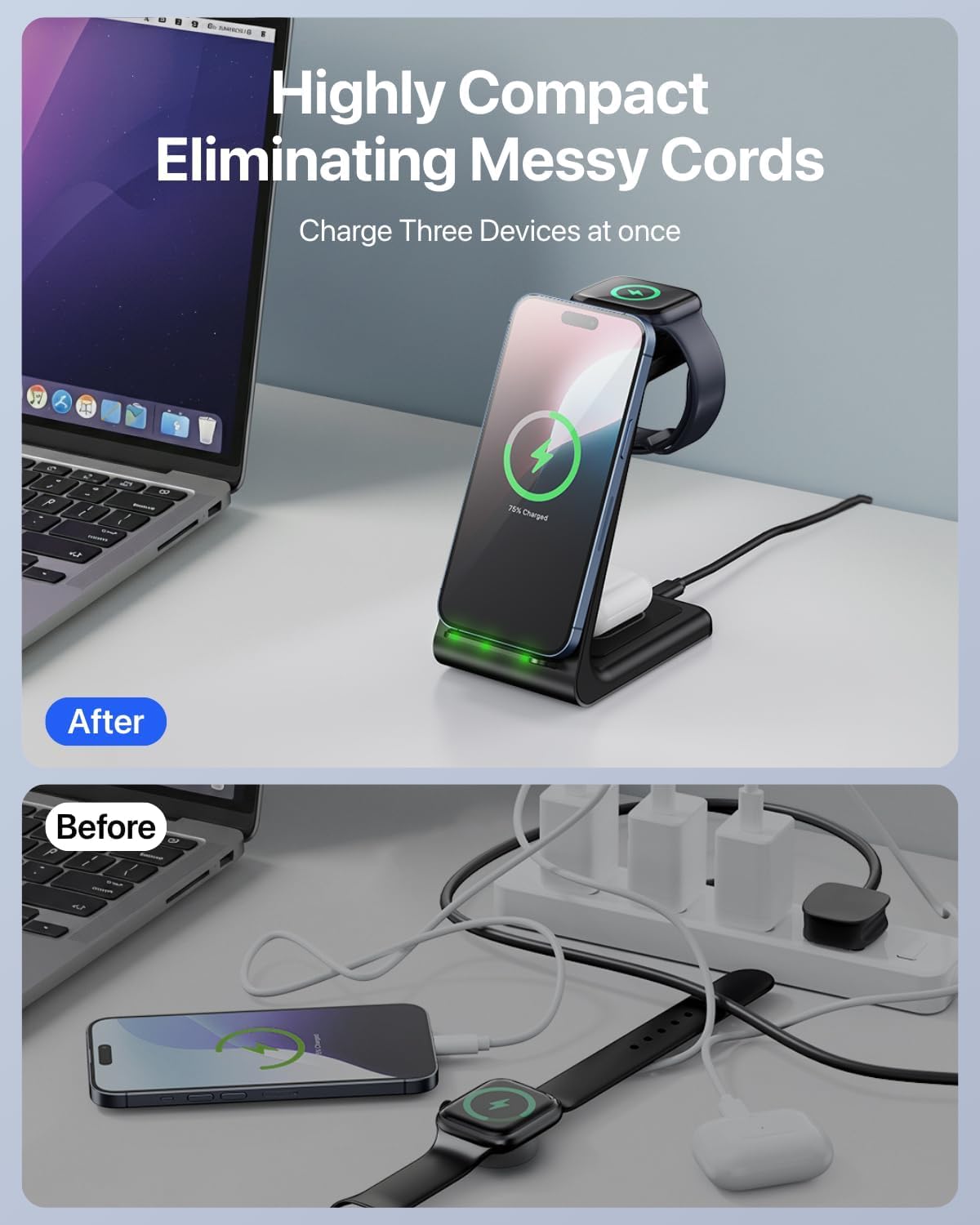 Intoval 3 in 1 Wireless Charging Station for iPhone and Apple Watch,Fast Wireless Charger Stand,Compact Desk Charging Dock for iPhone17 16 15 14 13/Pro/Max, iWatch11 10 9 Ultra/SE 3/3,AirPods