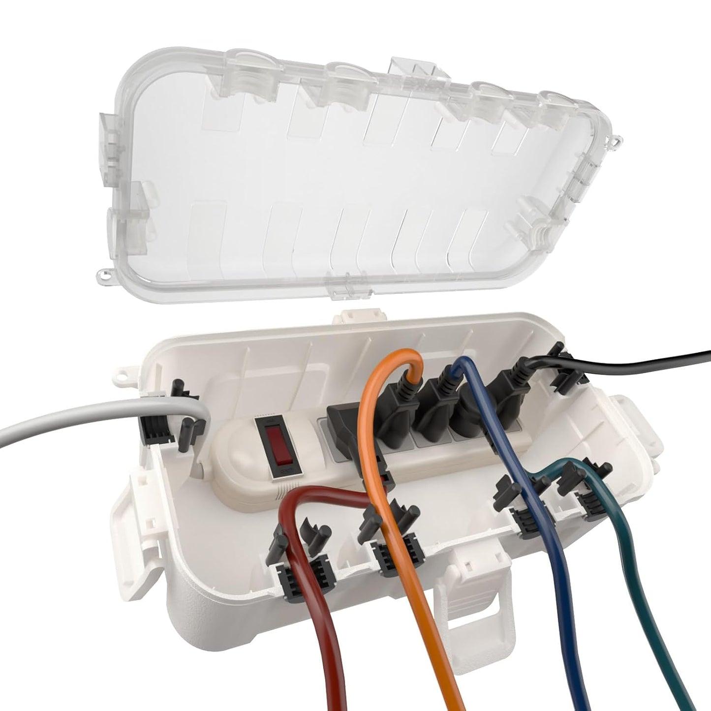 Flemoon Medium Outdoor Electrical Box, IP54 Waterproof Extension Cord Cover | Inner Size 9.4 x 4.3 x 3.2 Inch, Weatherproof Connection Box with Clear Lid for Outlet, Holiday Lights, Transparent and White