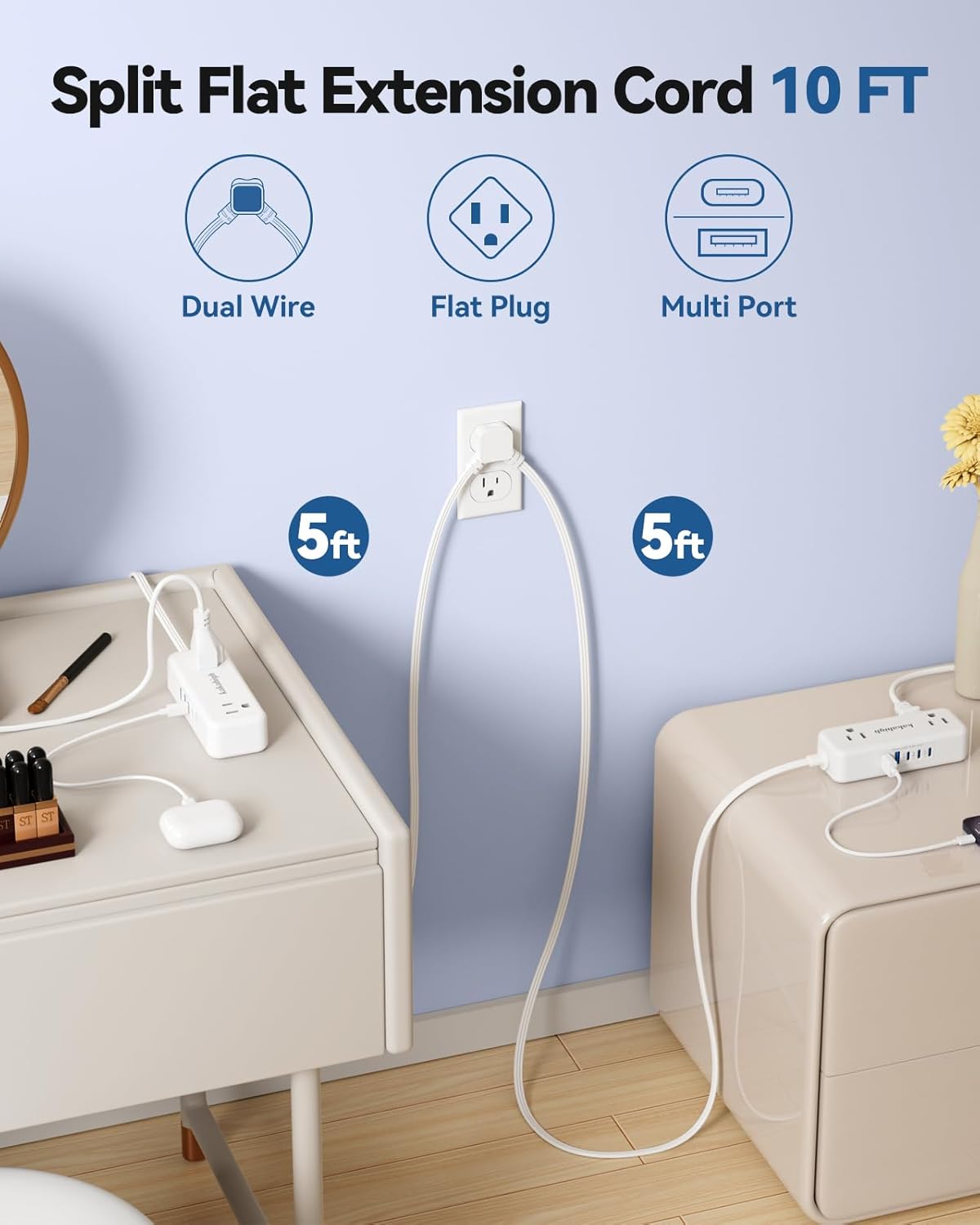 Split Extension Cord 10FT (5FT on Each Side), Single Flat Plug Twin Extension Cord with 4 AC Outlets, 2 USB-A & 3 USB-C(24W/4.8A), Nightstand Charging Station for Bedroom Dorm Room Home, His and Hers