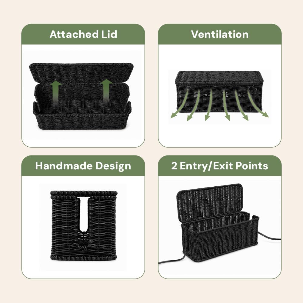 Cable Management Box, Handmade Rattan Cord Organizer for Power Strip | Open Slots Cord Hider for Power Strip, Router & USB Hub, Registered U.S. Design Patent