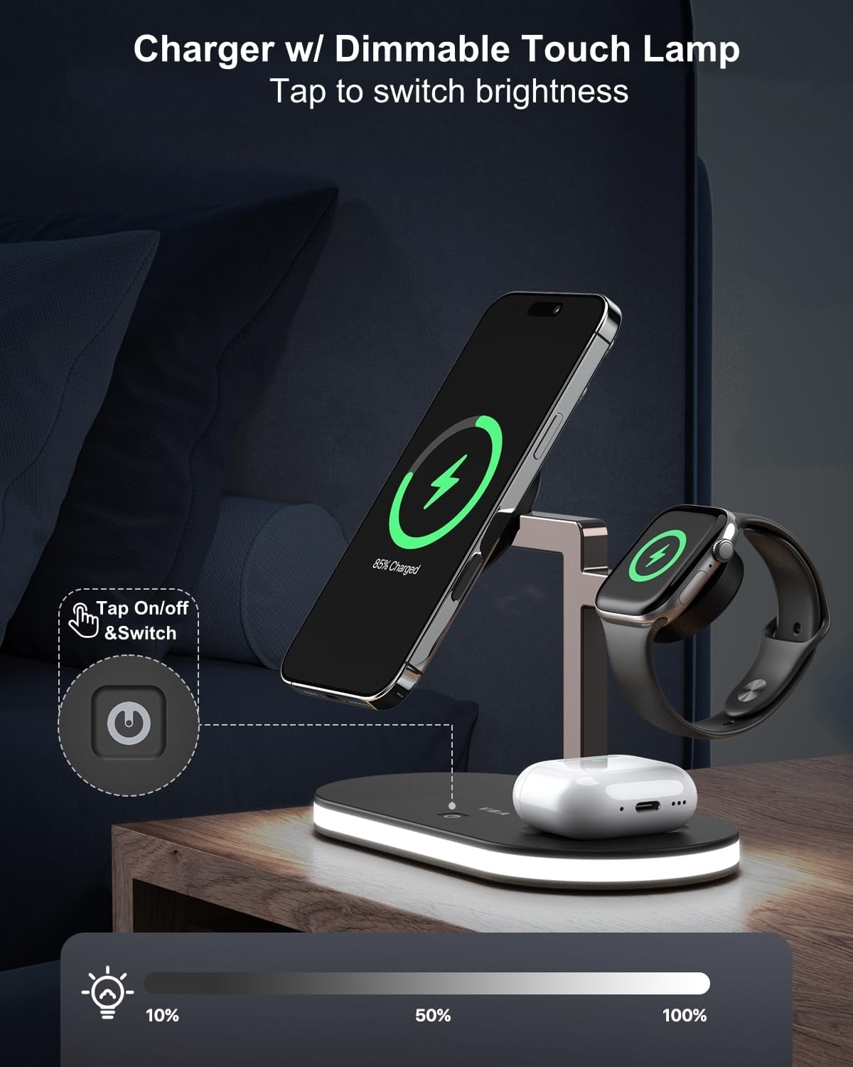 VBA 4 in 1 Wireless Charging Station for Apple MagSafe Charger,Fast Charging Magnetic Wireless Charger Stand with Night Light for iPhone 17 Air 16 15 14 13 12 Series,Apple Watch,AirPods Pro (Black)