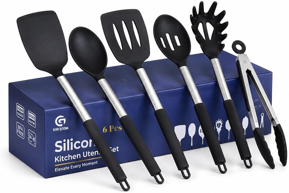 Silicone Cooking Utensils Set 6 PCS, Heat Resistant Non Stick Spatula Spoon Turner Kitchen Tools – BPA Free Non-Toxic Utensils for Nonstick Pots Pans, Baking Mixing Serving Accessories, Black
