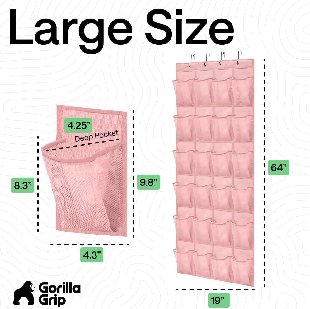 GORILLA GRIP Over the Door Shoe Organizer, 24 Large Breathable Mesh Pockets, Space Saving Hanging Storage Holder, Closet Rack Hanger Holds Up to 40 lbs, Hangs on Closets for Shoes, Accessories, Pink