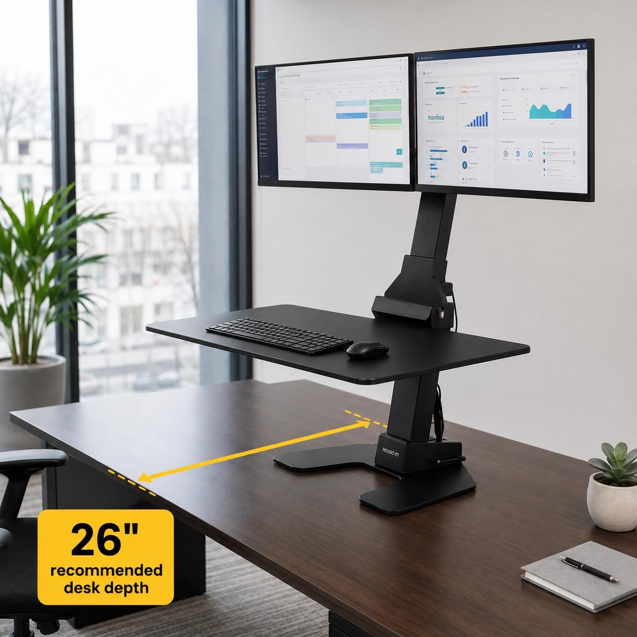 Mount-It! Double Monitor Electric Standing Desk Converter - 2 Screens Stand Up Desk Riser - Height Adjustable Desktop & 2 Mounts for Screens up to 32", Sit-Stand Convertor for Home, Office, School