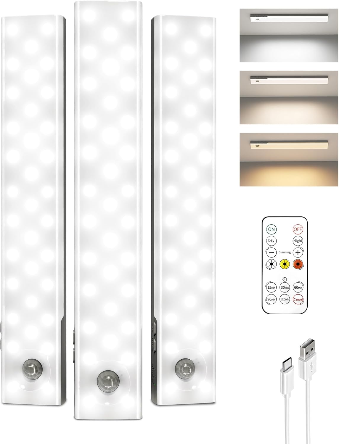 EZVALO 3-Pack Under Cabinet Lighting, 2000mAh Rechargeable Wireless Motion Sensor Lights, 62LEDs, 3 Color Temps, Dimmable, Timer, Magnetic, with Remote Control for Kitchen, Closet, Stair