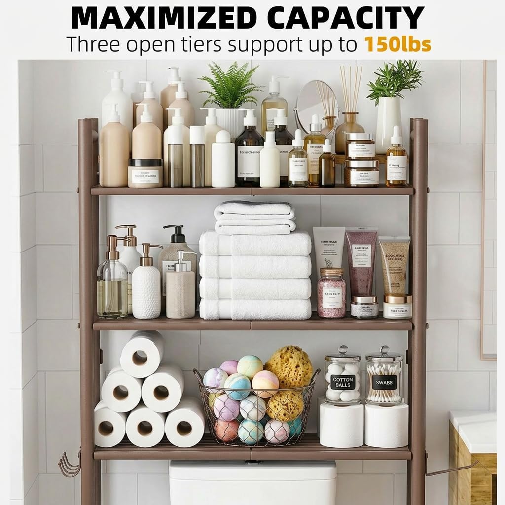 GloTika 3-Tier Over Toilet Storage with Anti-Tilt Safety System - 150lb Total Capacity Metal Bathroom Shelves Including Paper Holder & 4 Hooks, Space Saving Above Commode Organizer (64" H, Bronze)