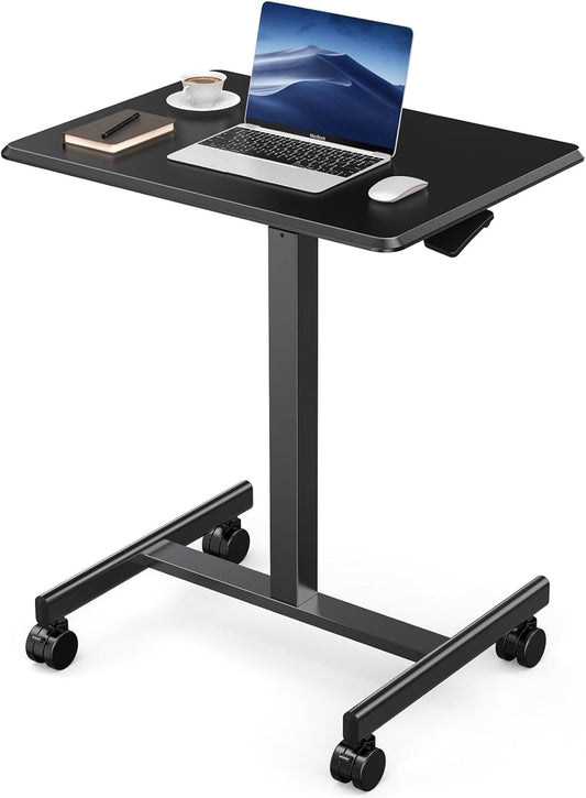 DUMOS Small Standing Desk Mobile Portable Rolling Laptop PC Table on Wheels Adjustable Height Computer Workstation for Home Office, Space Saving Desk for Bedroom Study Use, 19 Inch, Black