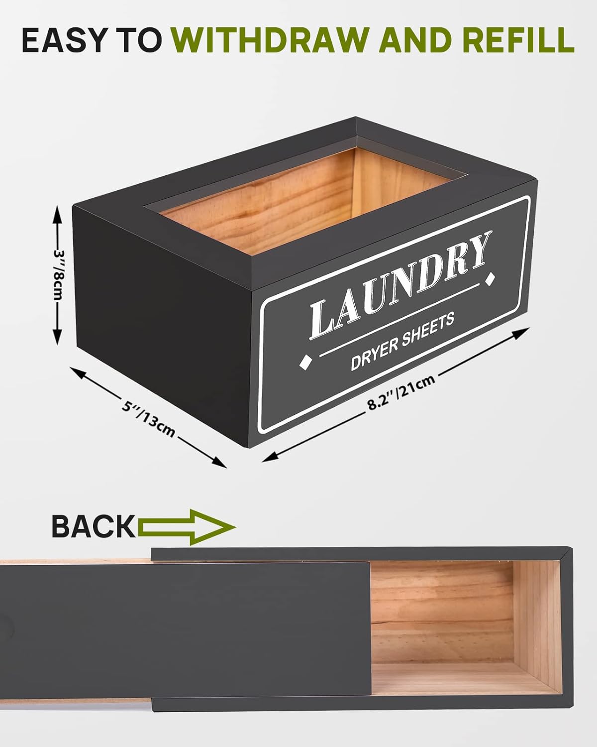 Dryer Sheet Holder Dispenser Container, Space Saving Laundry Room Organization and Storage, Farmhouse Laundry Dryer Sheets Holder for Laundry Room Decor, Fabric Softener Dispenser Containers, Black