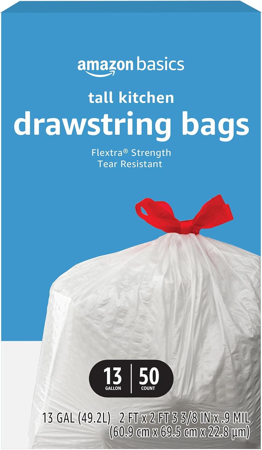 Amazon Basics Flextra Tall Kitchen Drawstring Trash Bags, 13 Gallon, 120 Count