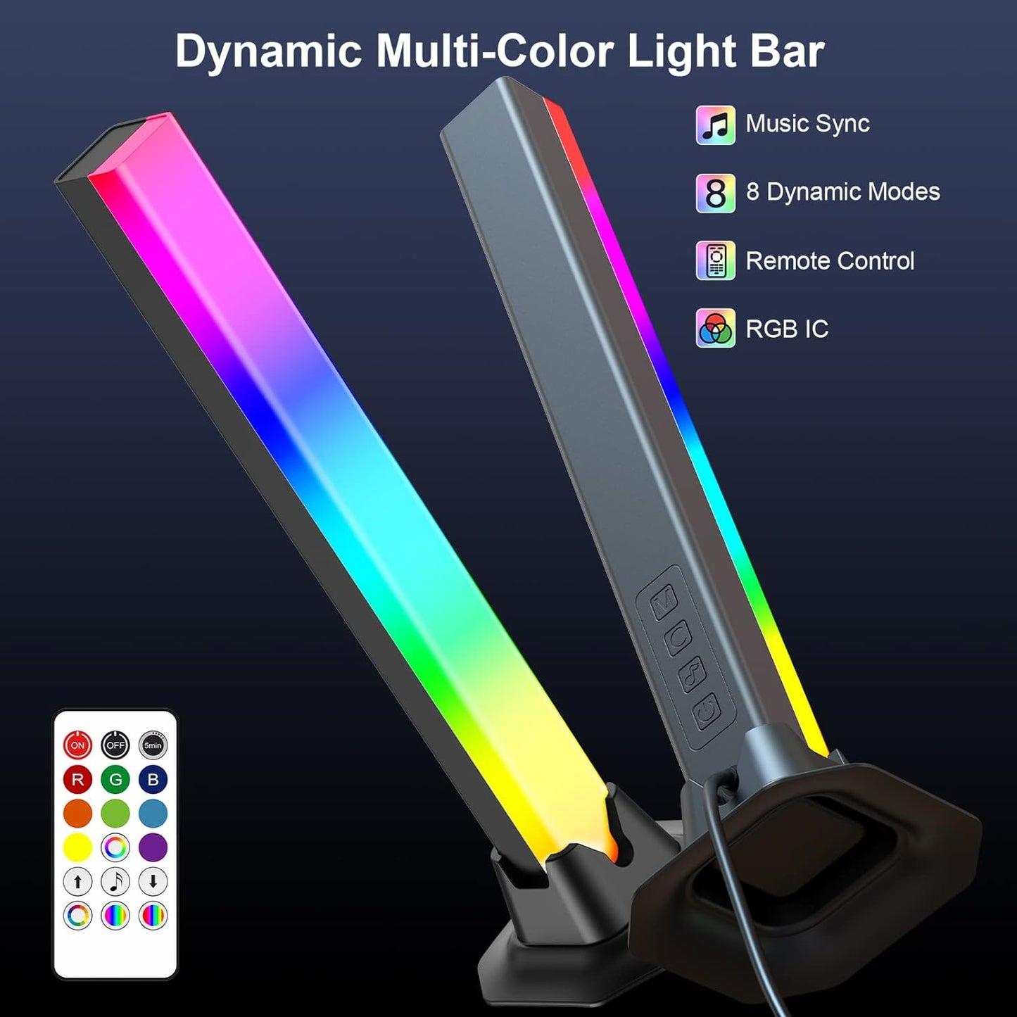 velted RGB Light Bar, Music Sync RGB IC LED Lights Bars, USB Powered Ambient Lighting, Remote Control Color Changing Gaming TV Backlight, 8 Dynamic Modes for PC Room Monitor Desk