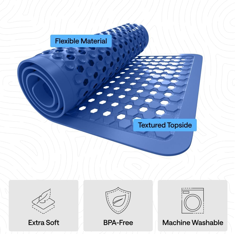 GORILLA GRIP Patented Bath Tub Shower Mat, Machine Washable Bathtub Floor Liner Mats, Suction Cups and Drain Holes to Keep Tubs Clean, Soft on Feet, Bathroom Essentials, 35x16 Inch, Royal Blue Opaque