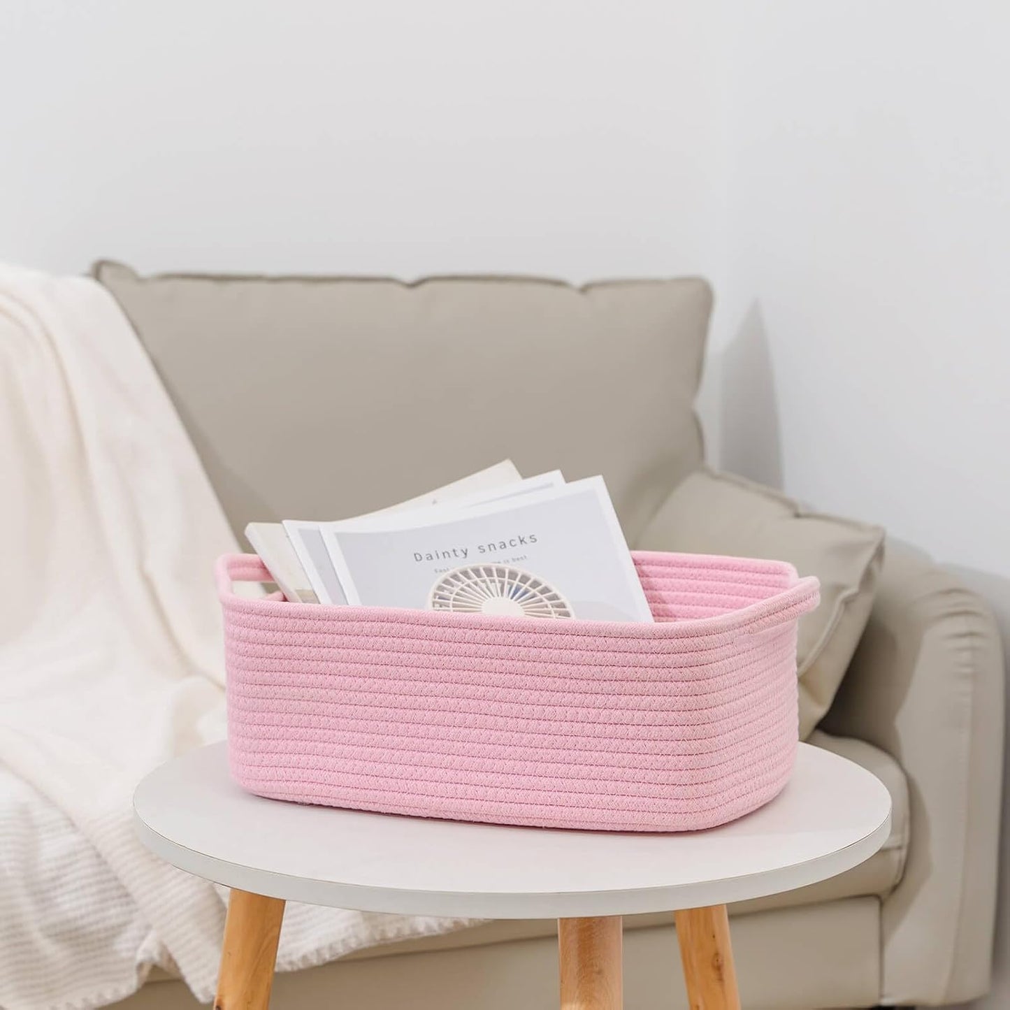 CubesLand Cube Storage Organizer Basket Bin, Cotton Rope Shelves Basket | Durable Woven Rectangular Shelf Basket for Organizing, Nursery Toys Basket, Pink Basket