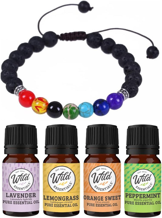 Wild Essentials 7 Chakras Lava Stone Essential Oil Diffuser Bracelet, Adjustable, Aromatherapy Jewelry Gift Set and 100% Pure Oils (Lavender, Lemongrass, Orange and Peppermint)
