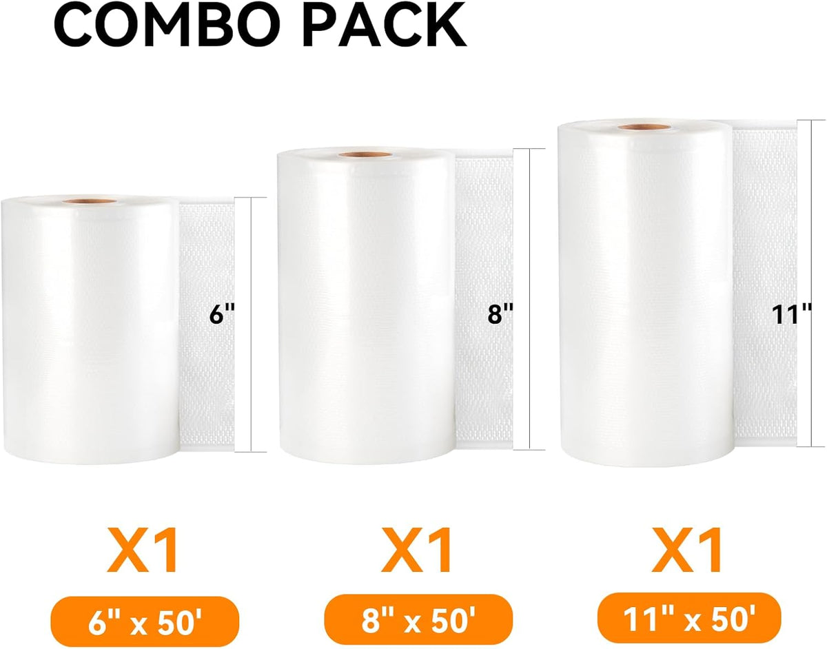 [2024 New] 6" x 50', 8" x 50' and 11" x 50' 3 Pack Rolls, Vacuum Sealer Rolls Bags for Food, Great for Food Storage, Sous Vide and Meal Prep, Wevac Lite