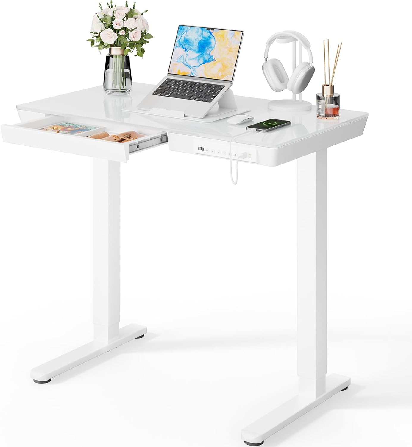 Marsail Glass Standing Desk with Drawer, 48 x 24 inch Electric Standing Desk, Height Adjustable Desk with One-Piece Tabletop & USB Charging Ports, Sit Stand Desk with Storage for Home & Office Black