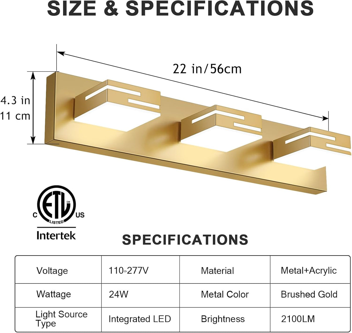 LED Modern Bathroom Vanity Light Fixtures, Dimmable Gold Vanity Lights for Bathroom Lighting Fixtures Over Mirror, with 360° Rotatable Heads 3-Light 22-inch (Cool White 6000K)