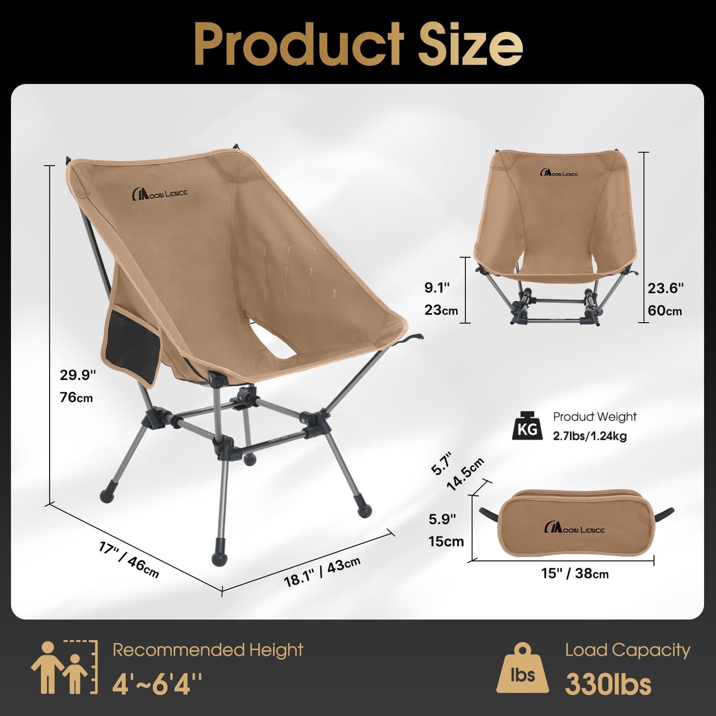 MOON LENCE Portable Camping Chair Plus, Larger & Roomier, Compact and Lightweight Still, Folding Chair for Backpacking & Hiking, 330Lbs Capacity (Desert Rust-2pack)