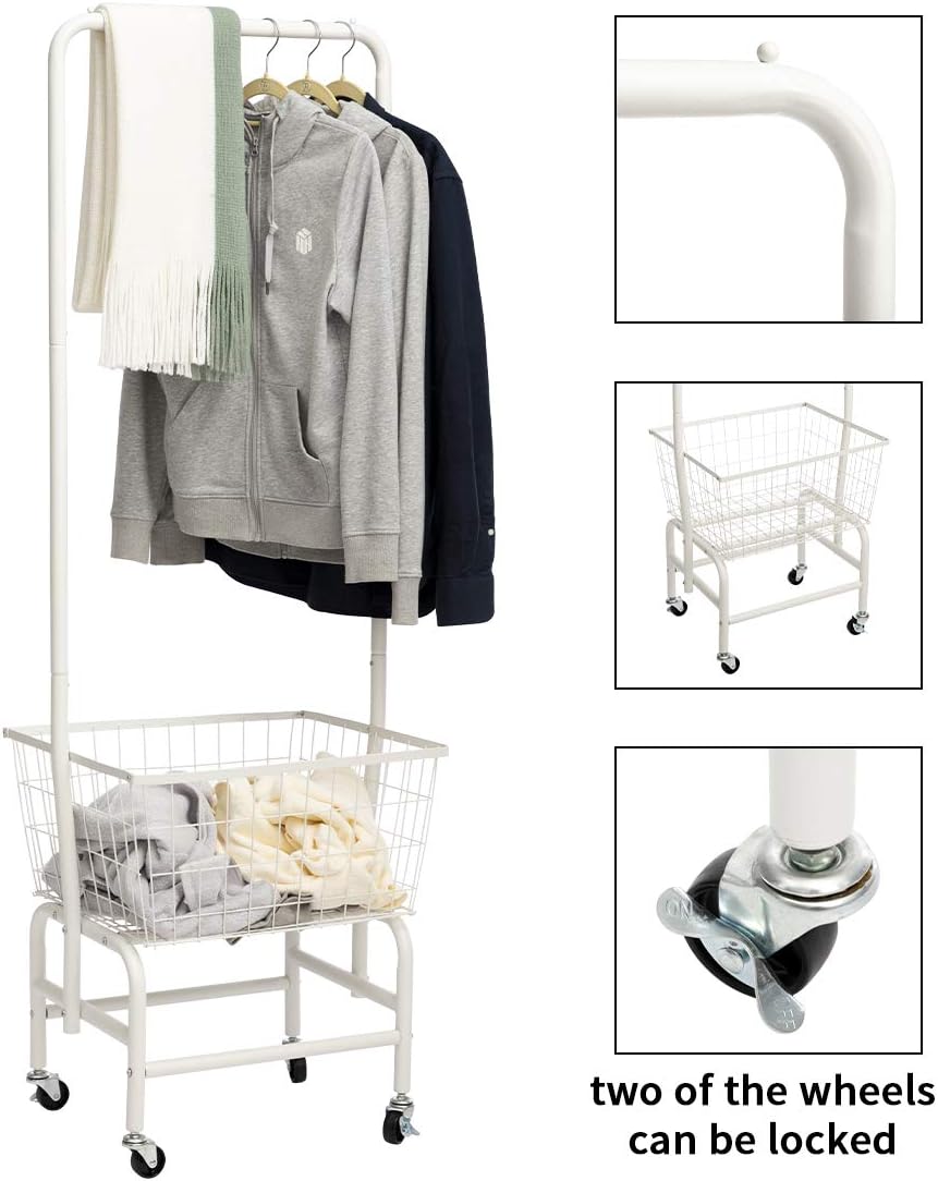 ALIMORDEN Laundry Cart with Clothes Rack, Rolling Laundry Butler with Wire Storage Rack，White