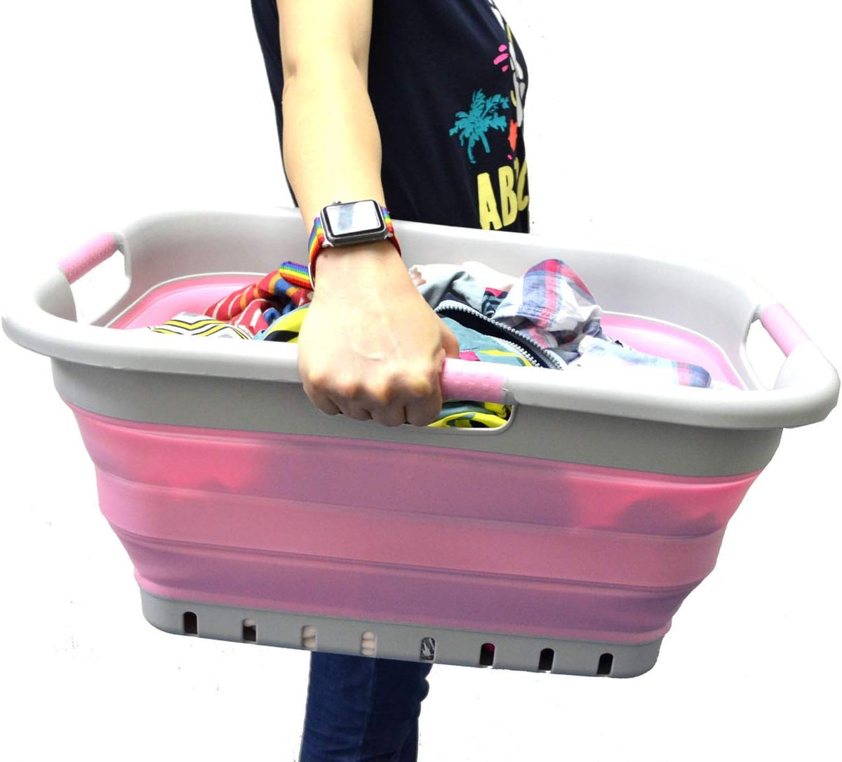 SAMMART 41L (10.8 gallon) Set of 2 Collapsible 3 Handled Plastic Laundry Basket-Foldable Pop Up Storage Container/Organizer-Space Saving Hamper/Basket (2, Grey/Pink)