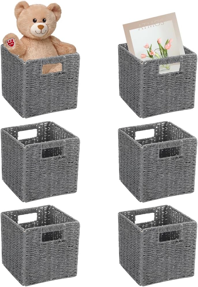6 Pack 8.7 Inch Wicker Baskets, Paper Rope Storage Baskets | Foldable Cube Storage Bins Organizer Square Wicker Cubes for Shelves Pantry Organizing & Decor (Gray)