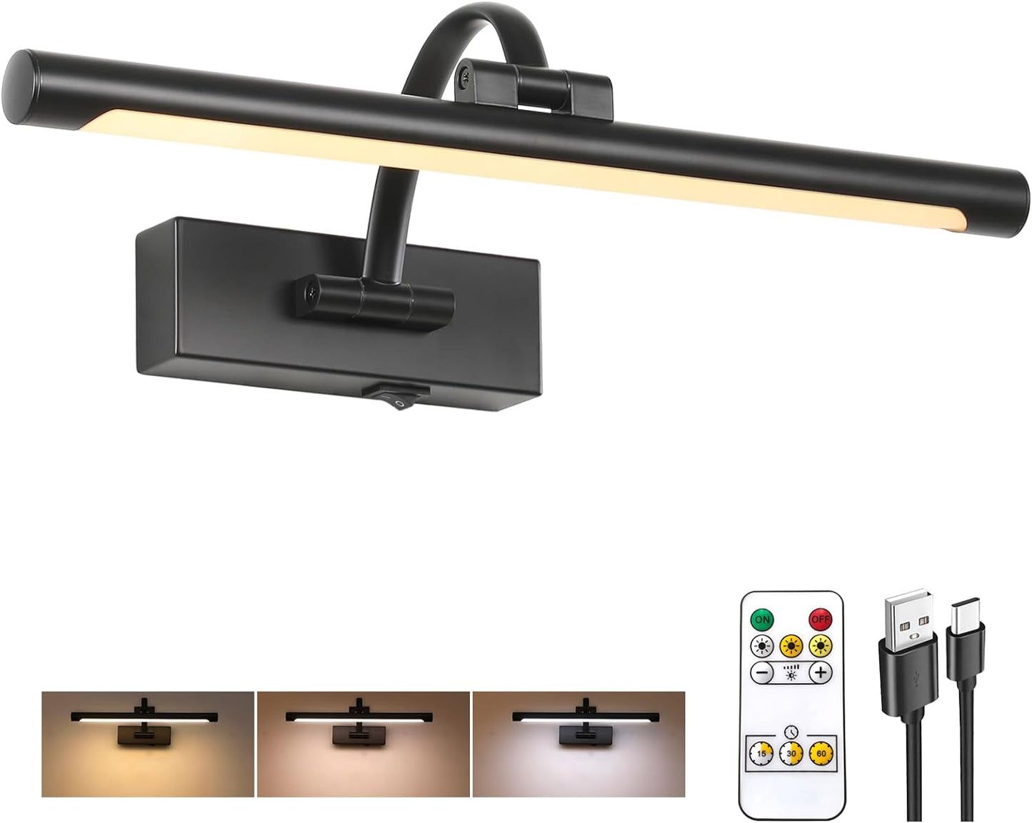 Tassuowell Wireless Battery Operated Picture Light,Rechargeable Wall Light with Remote and Timer,15.75 Inch Black Dimmable Painting Light,3CCT with Adjustable Swing Arm for Display Gallery Lighting