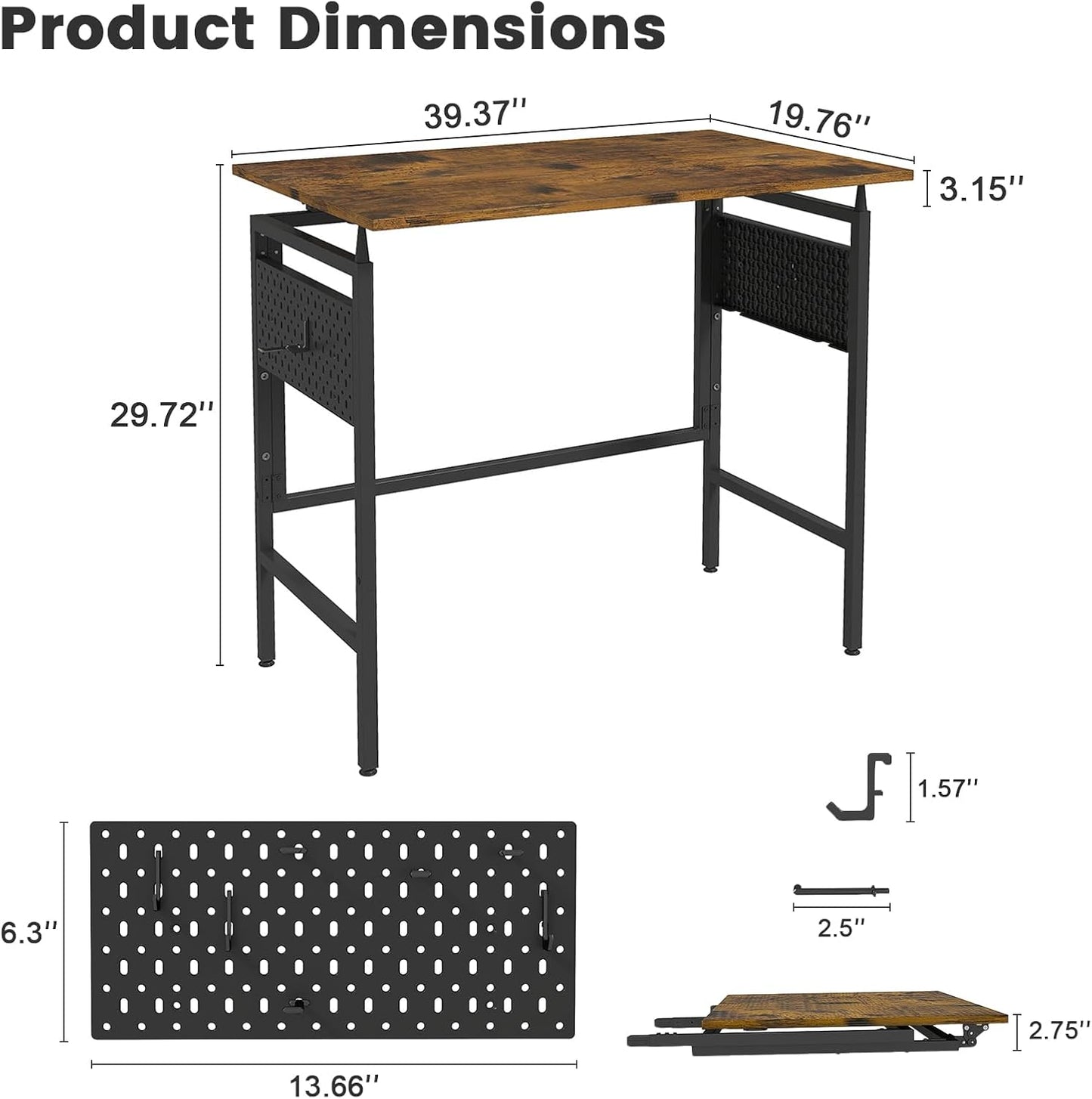 Hadulcet Folding Desk, Foldable Desk Table 40" for Space Saving, Foldable Computer Table for RV, Apartment, Office, Easy Assembly with Movable Pegboard Panels,Rustic Walnut