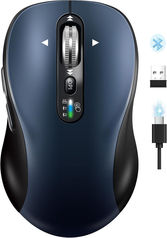 INFINMIND Bluetooth Wireless Mouse for Laptop,USB+BT×2,USB-C Charging,Quiet Multi Device Mouse,Metal 4-Way Super Scrolling,± 3200 DPI,9 Buttons,Ergo Computer Cordless Mice,for iPad/Tablet/Mac/PC/Phone