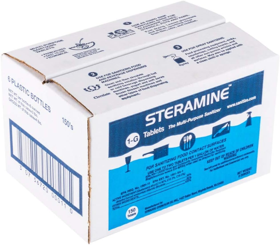 6 Bottles Steramine Sanitizer Tablets w/15x QT-10 Test Strip - Multi Purpose Steramine Sanitizing Tablets for Food Contact Surface, Kitchen, Restaurant, Diner & Food Service by FryOilSaver (900 Count)