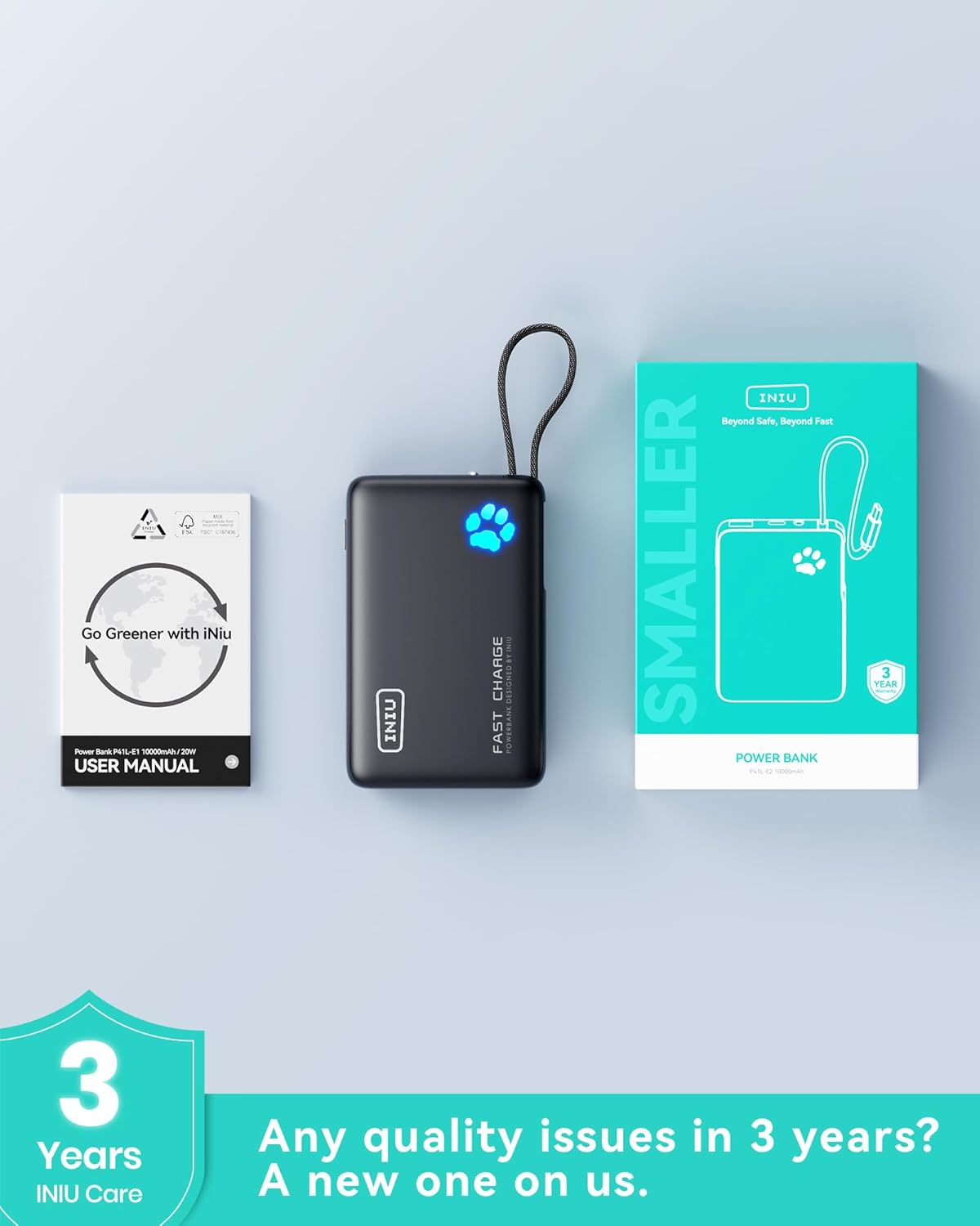 INIU Portable Charger with Flashlight, 45W Fast Charging Tablet Power Bank with USB C Cable, 10000mAh Powerbank, Battery Pack for iPhone 17 16, iPad, Samsung S25 etc Travel Essential, Emergency Light